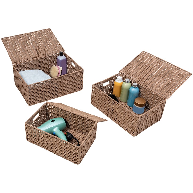 Stackable Paper Rope Storage Baskets with Lids 3-Pc.