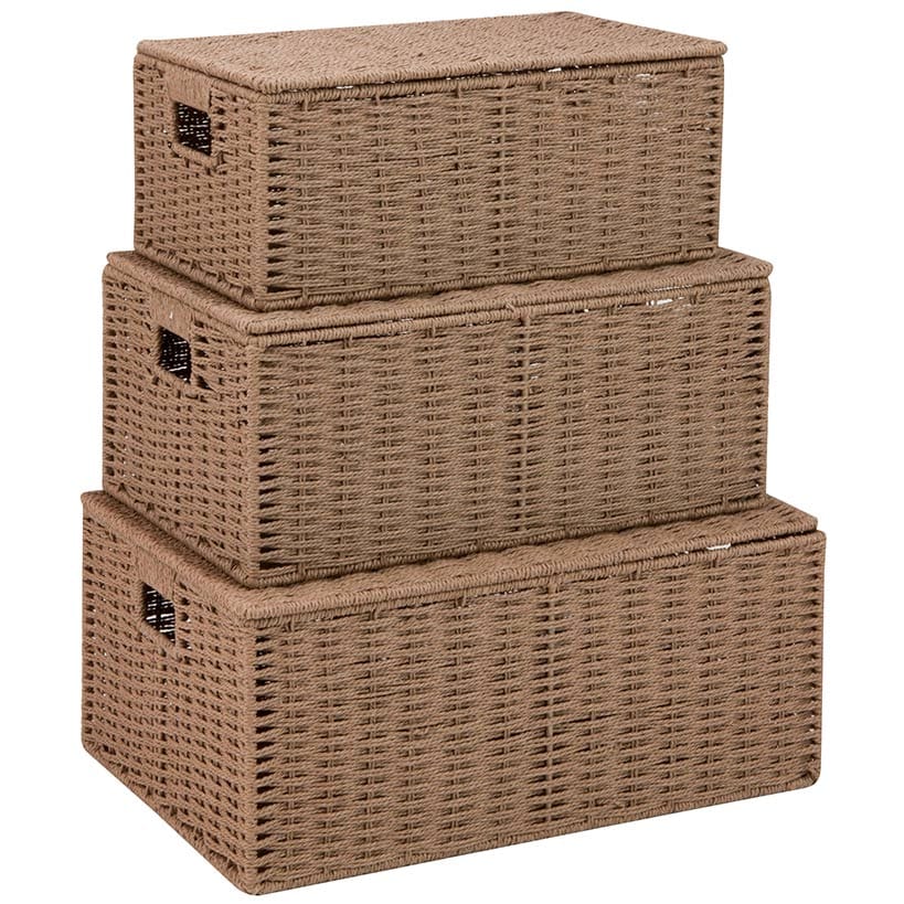Stackable Paper Rope Storage Baskets with Lids 3-Pc.