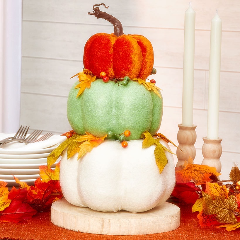 Fall Stacked Felt Orange, Green, and White Pumpkin Decor