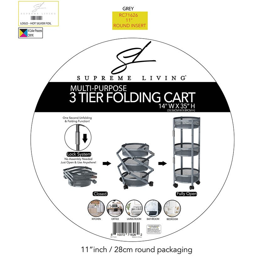 Foldable Utility Cart with Wheels - 3-Tier