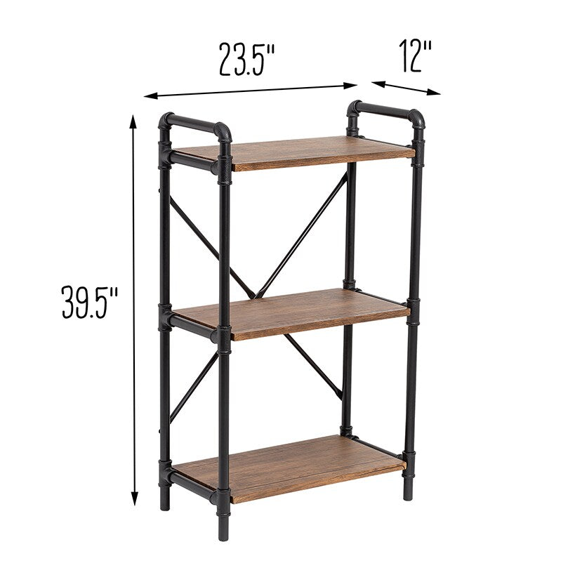 Rustic Black 3-Tier Industrial Bookshelf