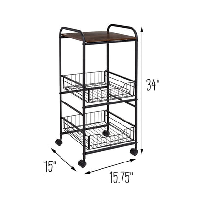 Slim Rolling Cart with Metal Basket Drawers 3-Tier