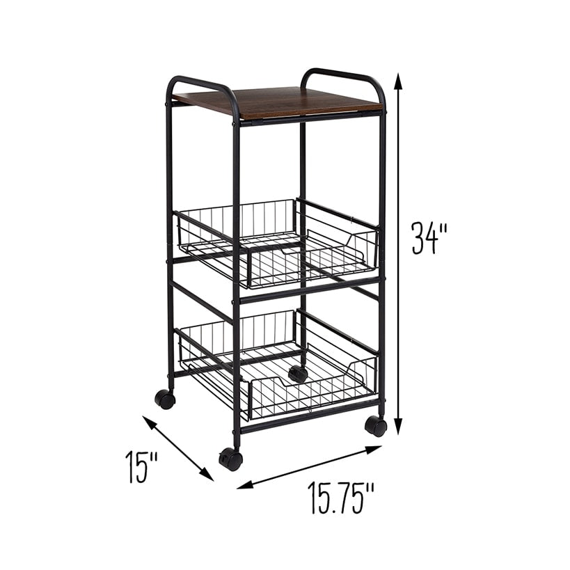 Slim Rolling Cart with Metal Basket Drawers 3-Tier