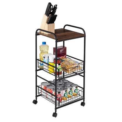 Slim Rolling Cart with Metal Basket Drawers 3-Tier