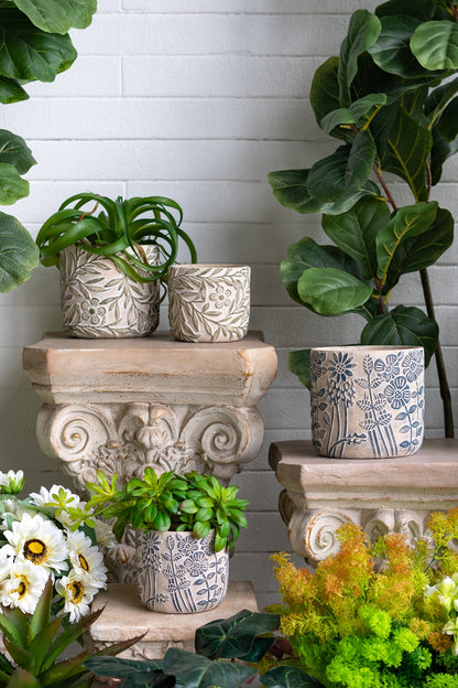 S/2 Gray Sand and Cement Planters with Blue Floral Motif, L:D7x6.7" S:D5.5x5" - image 11