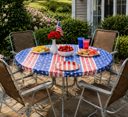 Patriotic Stars & Stripes Outdoor Table Party Bundle | Custom Fit Tablecloth + Disposable Dinnerware Set