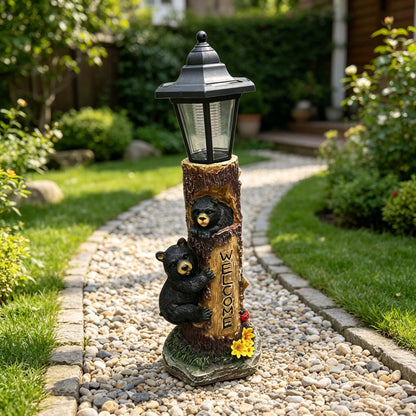 A brown bear statue welcoming guests, a garden statue with solar-powered lights, a 19-inch resin bear family in a tree, and outdoor bear decorations for courtyards, gardens, lawns, and patios. - image 8