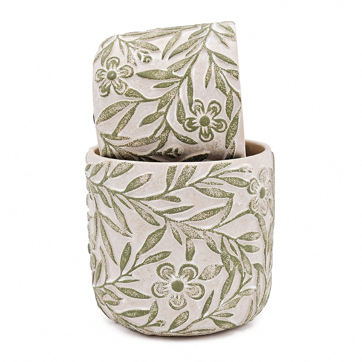 S/2 Gray Sand and Cement Planters with Etched Green Floral Motif, L:D6.7x6.3" S:D5.5x5" - image 4