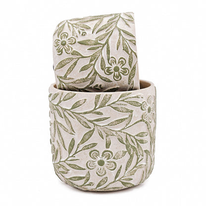 S/2 Gray Sand and Cement Planters with Etched Green Floral Motif, L:D6.7x6.3" S:D5.5x5" - image 4