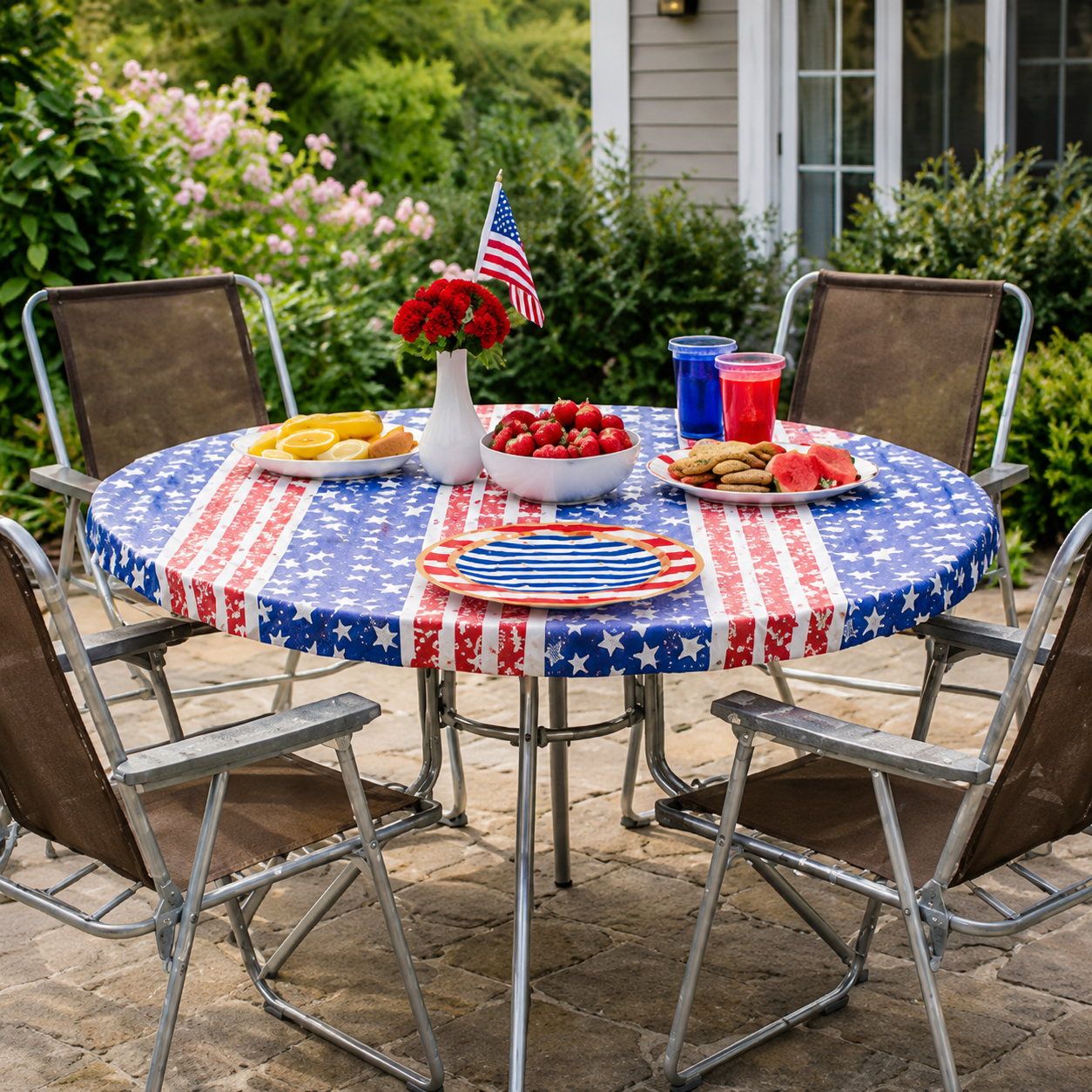 Patriotic Stars & Stripes Outdoor Table Party Bundle | Custom Fit Tablecloth + Disposable Dinnerware Set