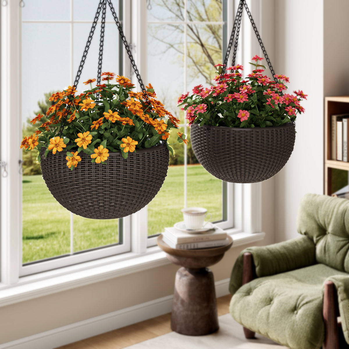 13.4 inch Self-Watering Hanging Rattan-Inspired Planter Large Capacity, Root-Rot Resistant Water Storage with Water Level Indicator, Dual-Use for Indoor & Balcony Decoration (Pack of 2, Brown) - image 2