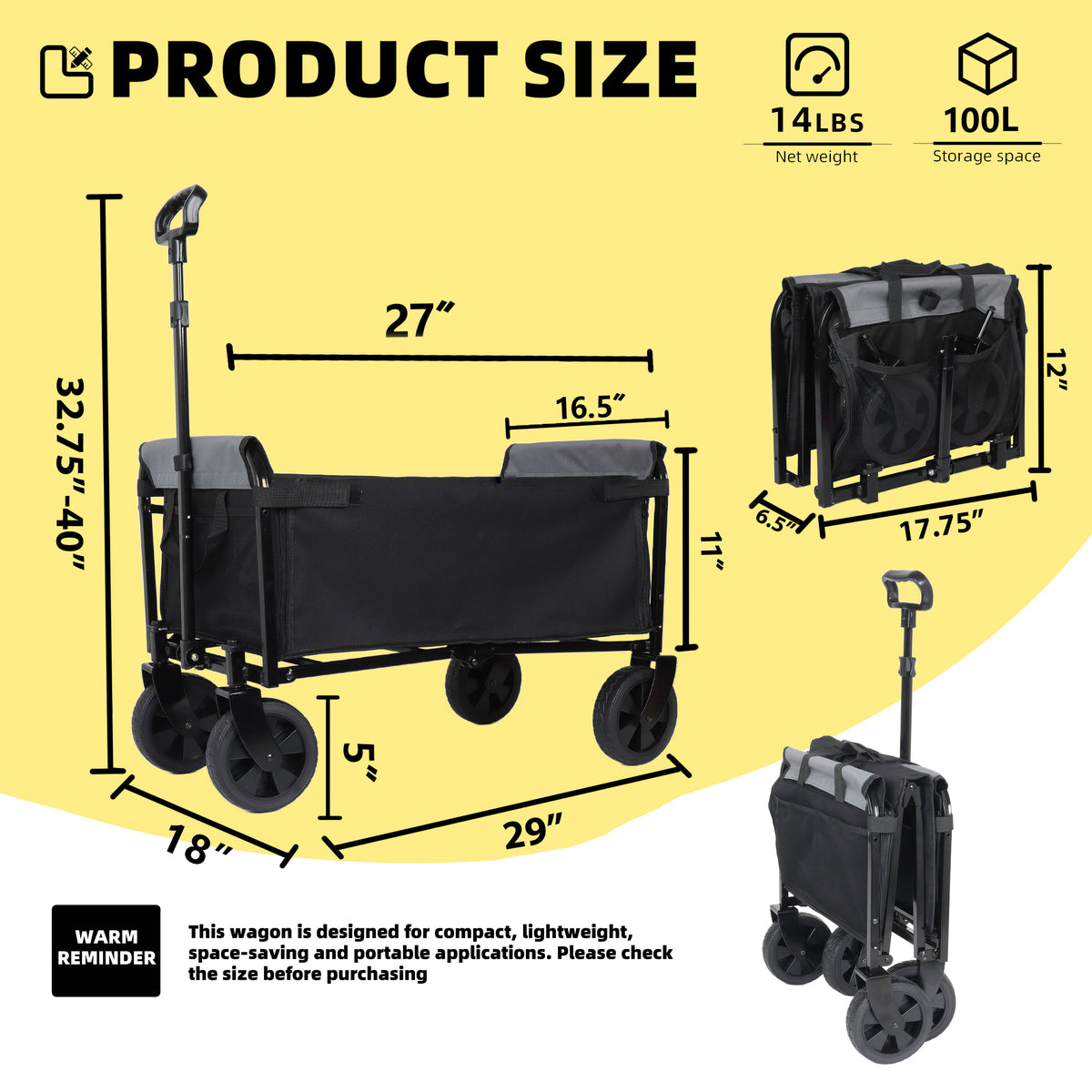 Collapsible Wagon with Wheels - 3 in 1 Lightweight Utility Camping Wagons Carts Foldable with 220lbs Weight Capacity, Cup Holders, for Pet Riding, Groceries, Camping, Shopping (Black) - image 16