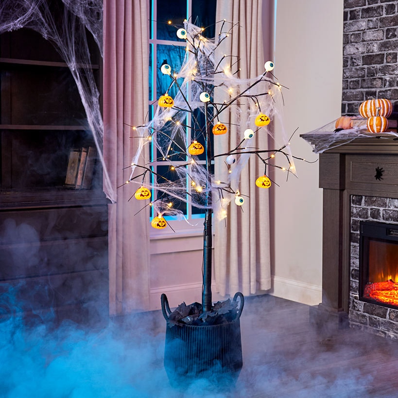 Decorated Web-Covered Halloween Tree