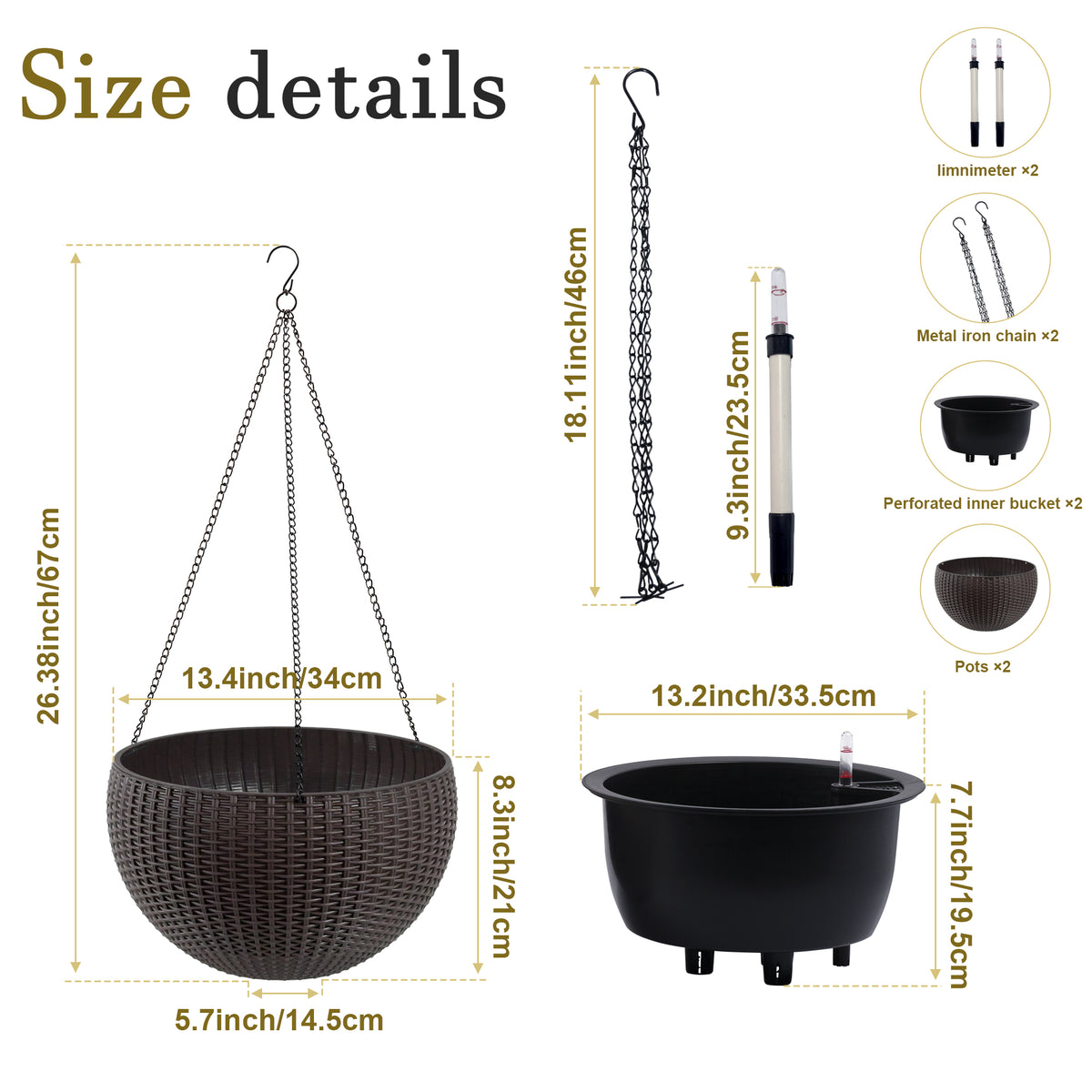 13.4 inch Self-Watering Hanging Rattan-Inspired Planter Large Capacity, Root-Rot Resistant Water Storage with Water Level Indicator, Dual-Use for Indoor & Balcony Decoration (Pack of 2, Brown) - image 6