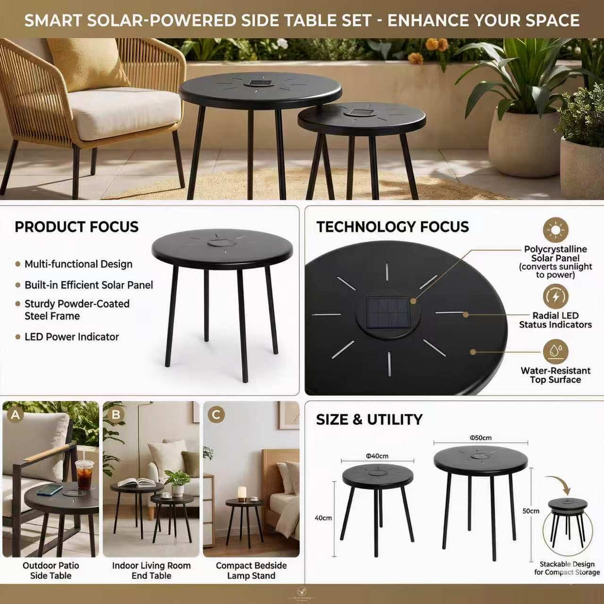 2-Pack Solar Powered Side Table with LED Light, Outdoor/Indoor Nesting Round End Table Set - image 3