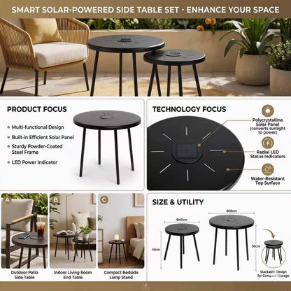 2-Pack Solar Powered Side Table with LED Light, Outdoor/Indoor Nesting Round End Table Set - image 3