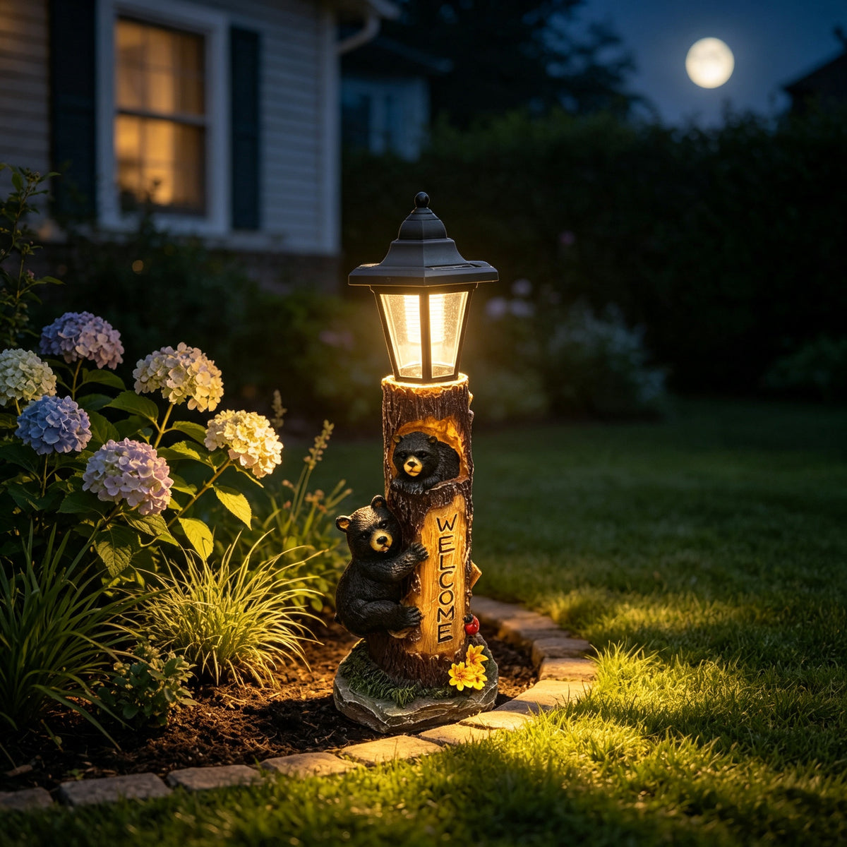 A brown bear statue welcoming guests, a garden statue with solar-powered lights, a 19-inch resin bear family in a tree, and outdoor bear decorations for courtyards, gardens, lawns, and patios. - image 11