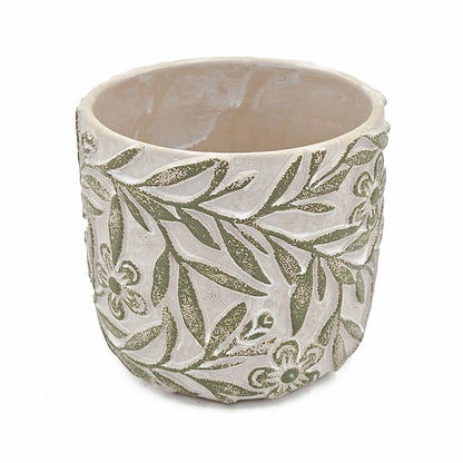 S/2 Gray Sand and Cement Planters with Etched Green Floral Motif, L:D6.7x6.3" S:D5.5x5" - image 6