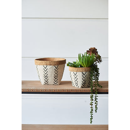 Set of 2 White and Brown Cement Planters with V Pattern, L:D10x8"  S:D8x6.5"