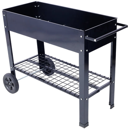 Products Elevated Mobile Raised Ergonomic Metal Planter Garden Bed for Backyard, Patio w/Wheels, Lower Shelf, black - image 2