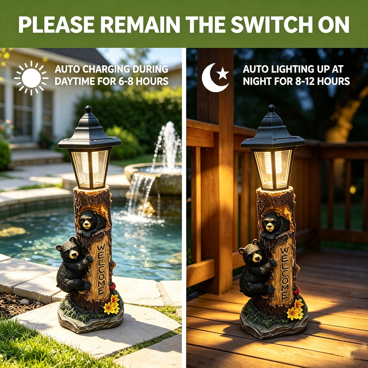 A brown bear statue welcoming guests, a garden statue with solar-powered lights, a 19-inch resin bear family in a tree, and outdoor bear decorations for courtyards, gardens, lawns, and patios. - image 3