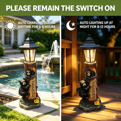 A brown bear statue welcoming guests, a garden statue with solar-powered lights, a 19-inch resin bear family in a tree, and outdoor bear decorations for courtyards, gardens, lawns, and patios. - image 3