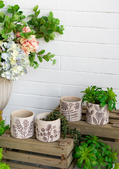Set of 4 4.3x4.3x4" Gray Sand and Cement Planters with Brown Botanical Motifs