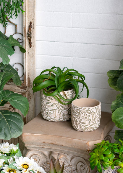 S/2 Gray Sand and Cement Planters with Etched Green Floral Motif, L:D6.7x6.3" S:D5.5x5" - image 11