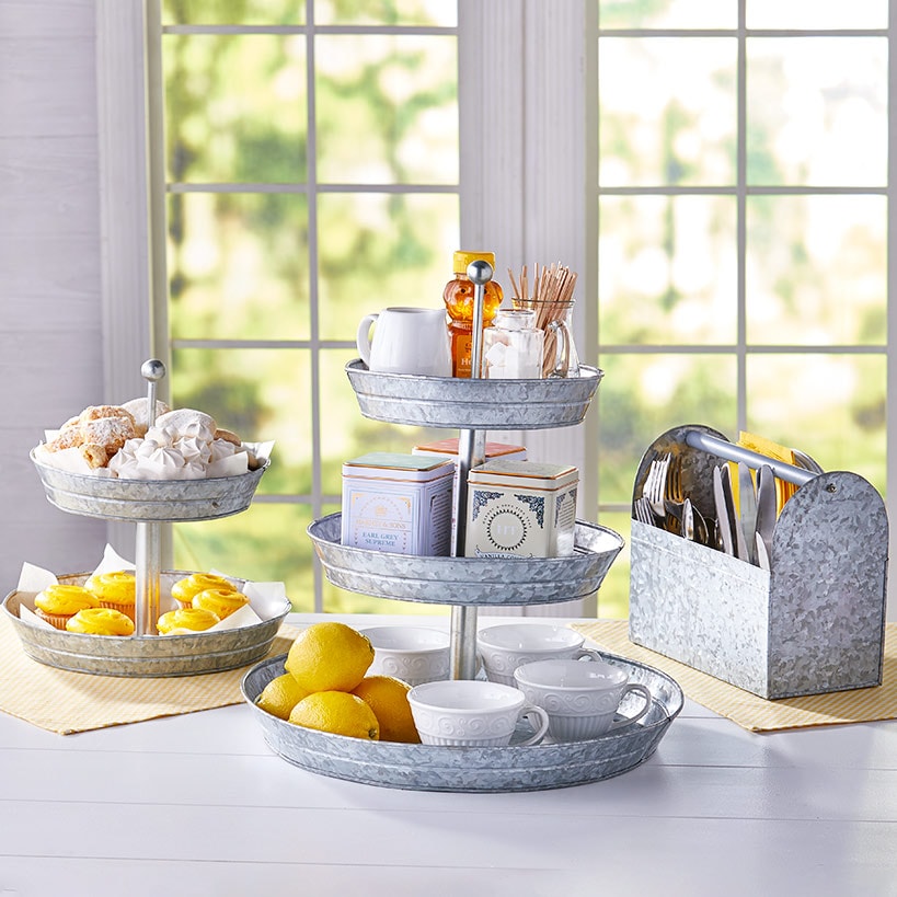 Galvanized Silver Metal Tabletop Serving Collection Tray or Caddy