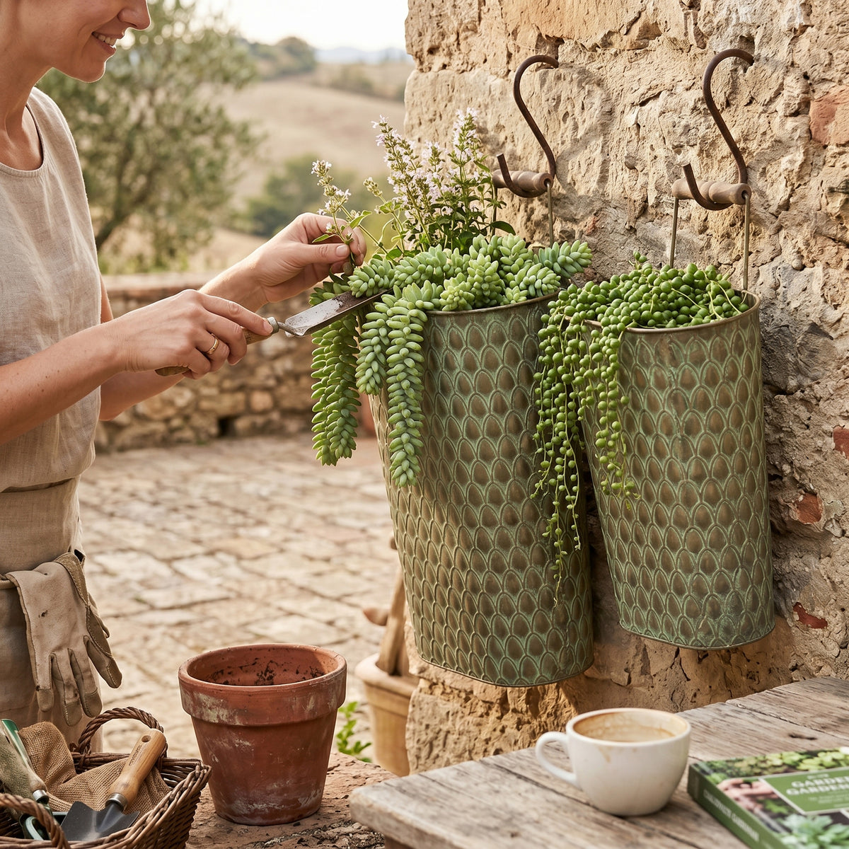 S/2 Textured Green Iron Hanging Planters with Arched Handles - image 6