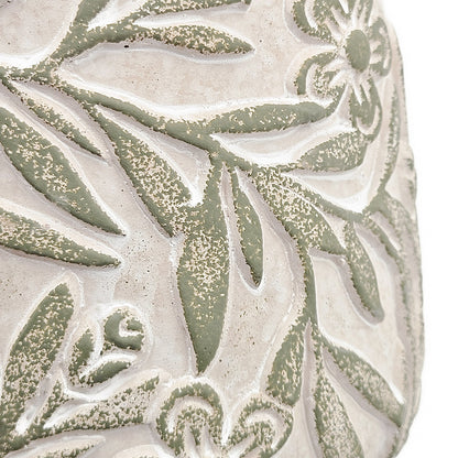 S/2 Gray Sand and Cement Planters with Etched Green Floral Motif, L:D6.7x6.3" S:D5.5x5" - image 8