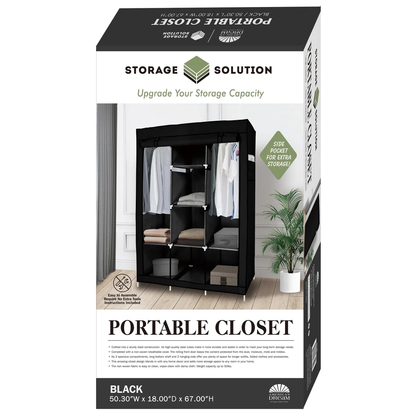 Portable Free Standing Closet With 8 Storage Shelves, 2 Hanging Rod & 4 Pockets