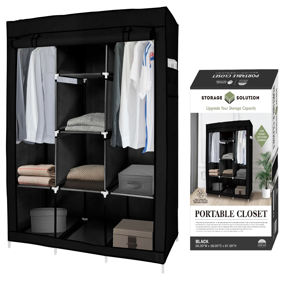 Portable Free Standing Closet With 8 Storage Shelves, 2 Hanging Rod & 4 Pockets