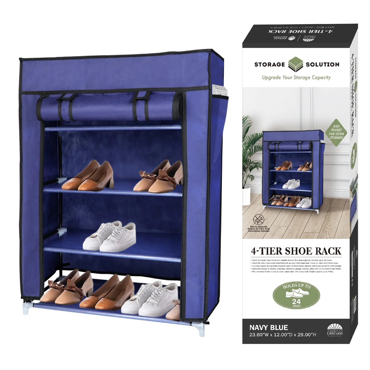 4 Tier Shoe Rack With Side Pocket Holds 24 Shoes
