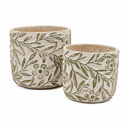S/2 Gray Sand and Cement Planters with Etched Green Floral Motif, L:D6.7x6.3" S:D5.5x5" - image 2