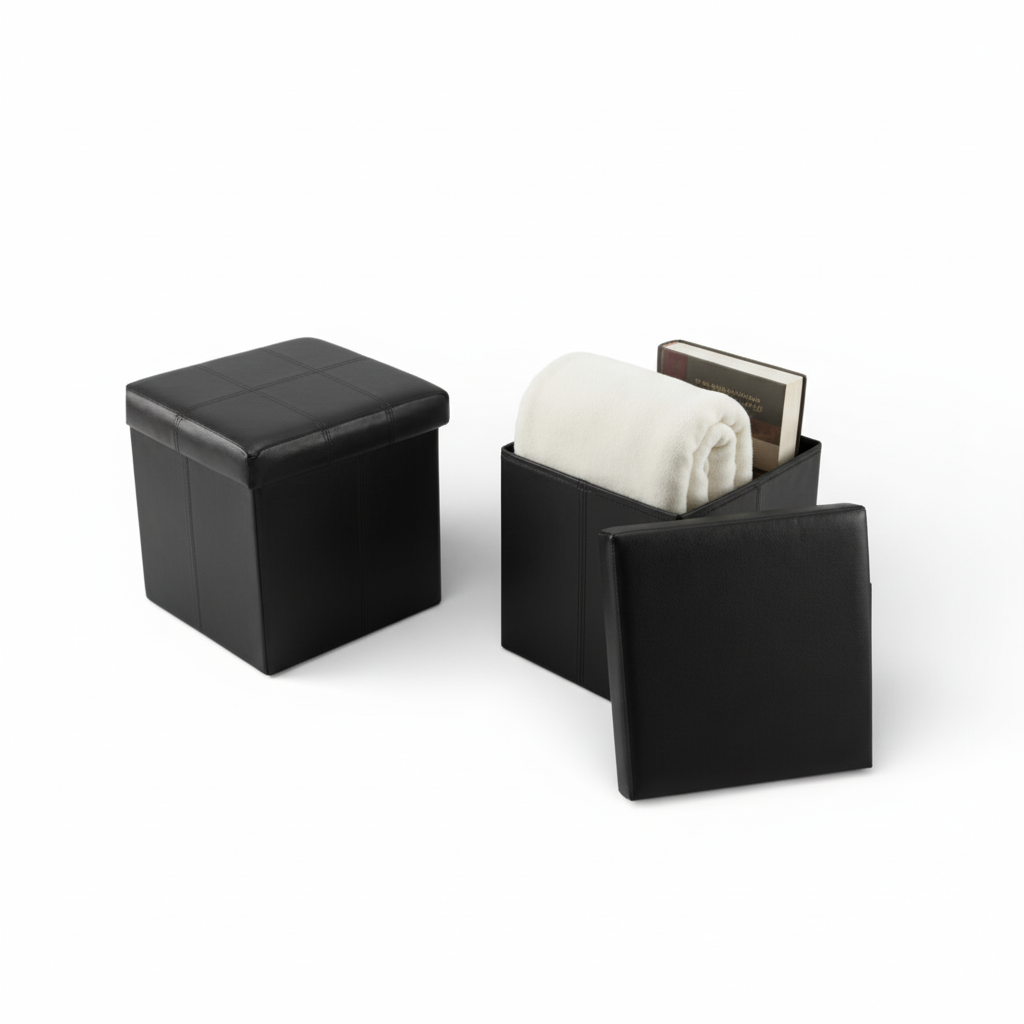 Folding Storage Ottoman Foot Rest Stool – Faux Leather Ottoman Bench With Hidden Storage for Books & Home Organization