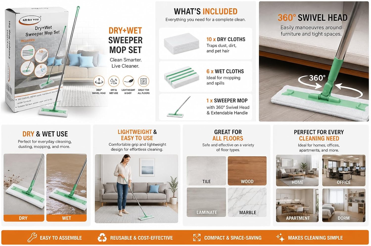 2 in 1 Dry & Wet Sweeper Mop Set With Handle – Reusable Floor Cleaning System for Hardwood, Tile & Laminate