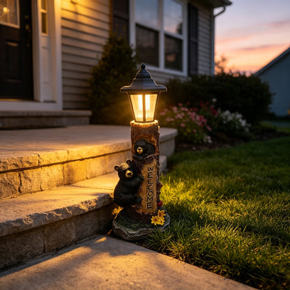 A brown bear statue welcoming guests, a garden statue with solar-powered lights, a 19-inch resin bear family in a tree, and outdoor bear decorations for courtyards, gardens, lawns, and patios. - image 7