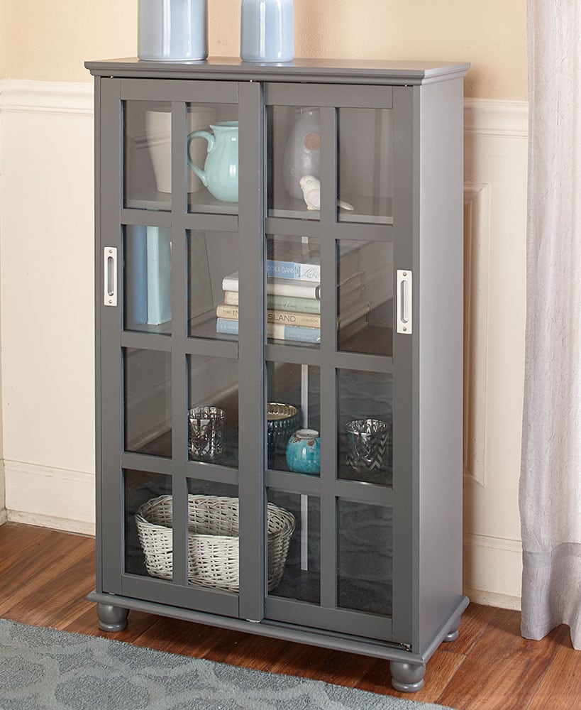 Wood Storage Cabinet with Sliding Glass Doors - 4 Shelves