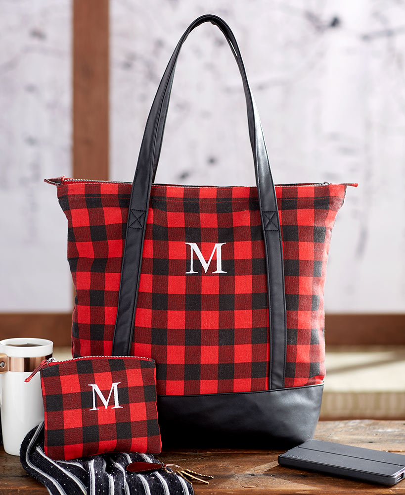 Women's Monogram Red Buffalo Plaid Tote Bag with Matching Purse Set