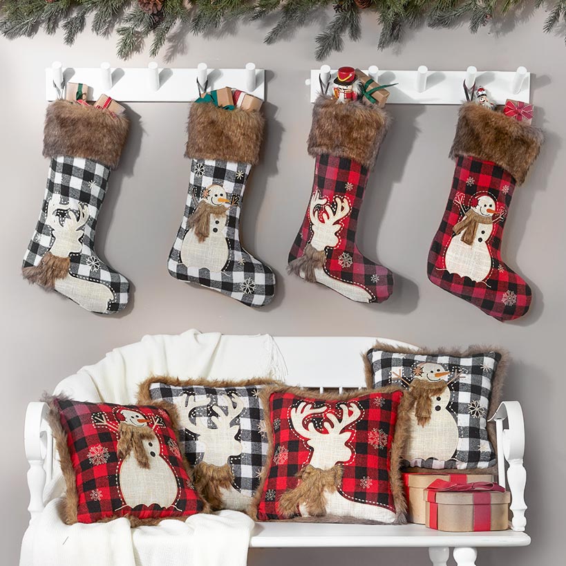 Faux Fur-Trimmed Plaid Pillows or Stockings