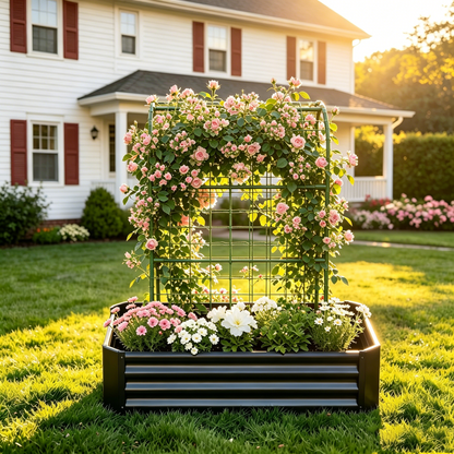 2-in-1 Raised Garden Bed with Trellis - 59" Tall Arch Planter Box for Climbing Plants, Outdoor Galvanized Metal Gardening Bed for Vegetables, Fruits, Flowers (Black, 4x2x1 Ft)