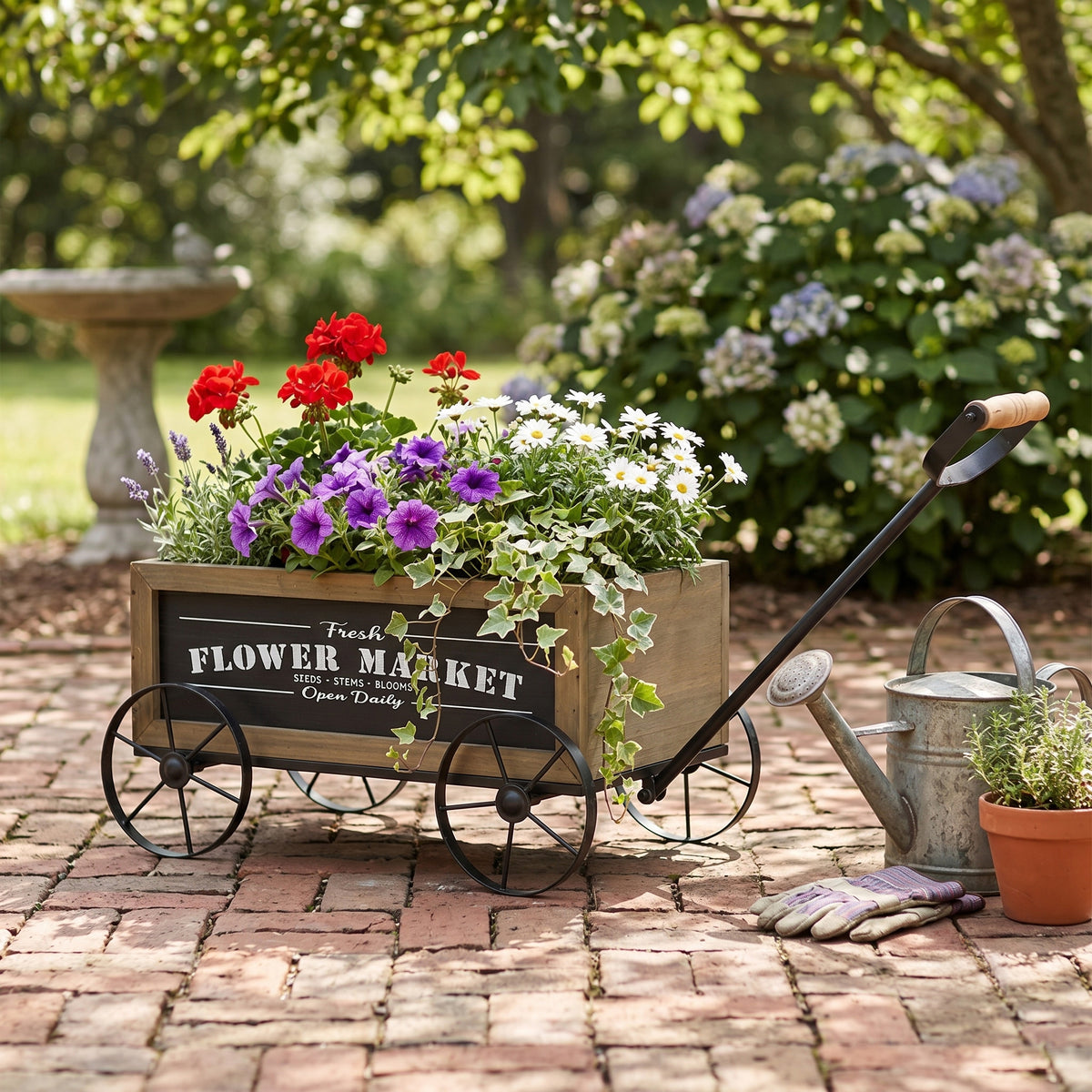 16.5x9.5x8" Rustic Wooden Wagon Planter with Black Iron Wheels and Handle - image 7