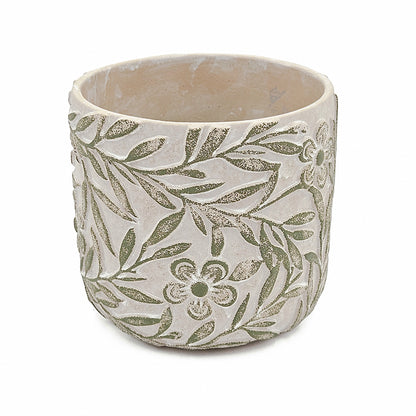 S/2 Gray Sand and Cement Planters with Etched Green Floral Motif, L:D6.7x6.3" S:D5.5x5" - image 7