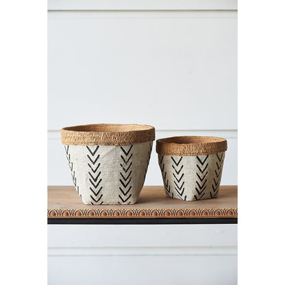 Set of 2 White and Brown Cement Planters with V Pattern, L:D10x8"  S:D8x6.5" - image 6
