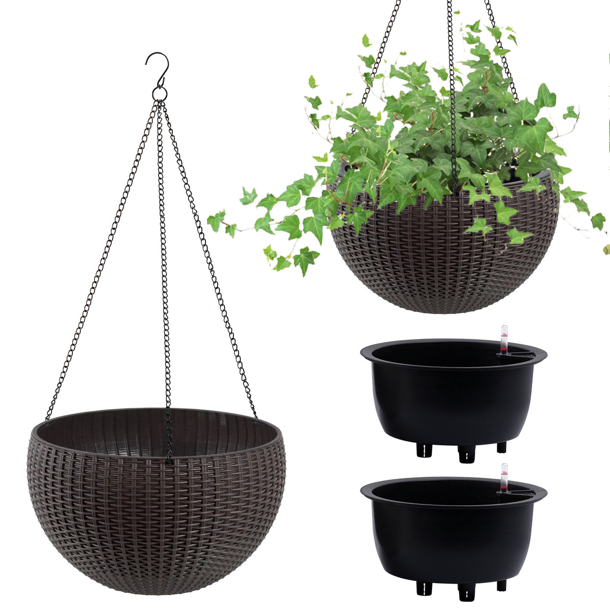 13.4 inch Self-Watering Hanging Rattan-Inspired Planter Large Capacity, Root-Rot Resistant Water Storage with Water Level Indicator, Dual-Use for Indoor & Balcony Decoration (Pack of 2, Brown) - image 8