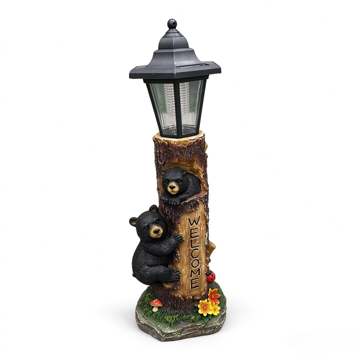 A brown bear statue welcoming guests, a garden statue with solar-powered lights, a 19-inch resin bear family in a tree, and outdoor bear decorations for courtyards, gardens, lawns, and patios. - image 12