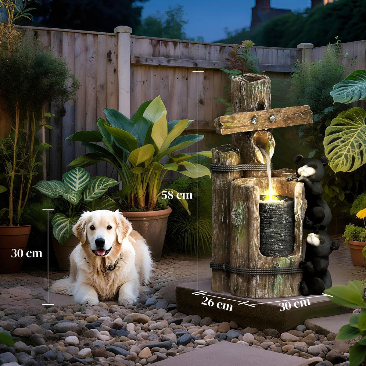 Outsunny 22.8" Outdoor Water Fountain, 3-Tier Floor Standing Resin Bears on Log Waterfall Fountain with LED Lights, Pump - image 3