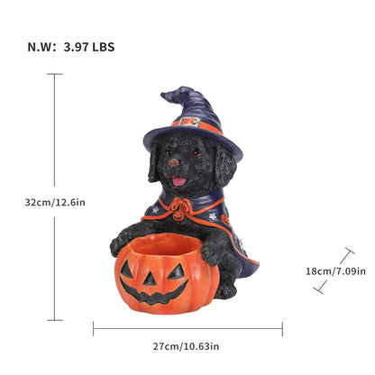 Halloween Black Labrador Retriever Witch Puppy Figurine, Cute Dog Holding Pumpkin Candy Bowl Decoration - image 3