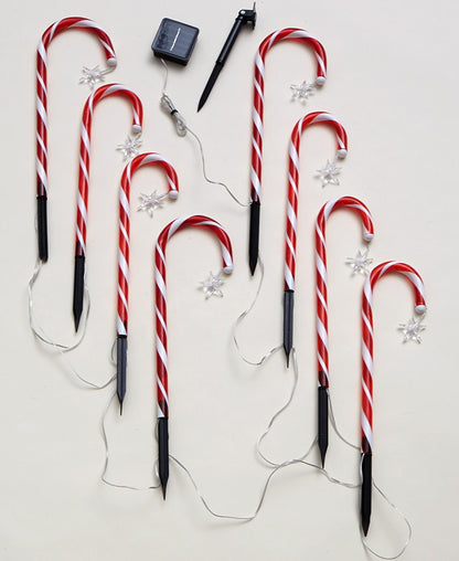 Set of 8 Solar Candy Cane Stakes with Star Accent